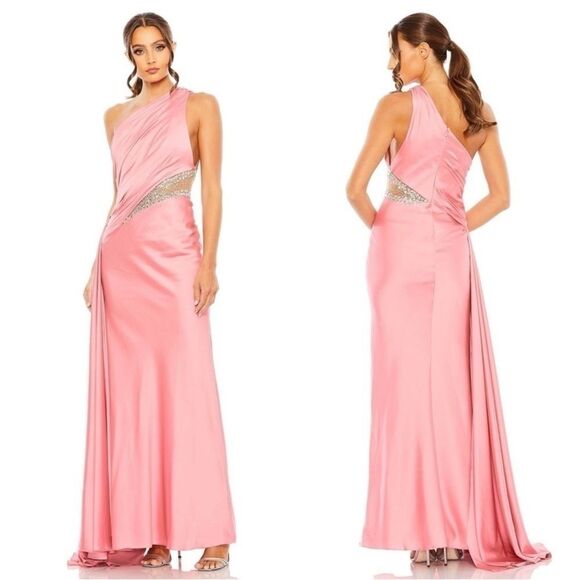 Mac Duggal Coral Pink One Shoulder Embellished Satin Gown Dress 2210 Size 4 NEW - Picture 1 of 9